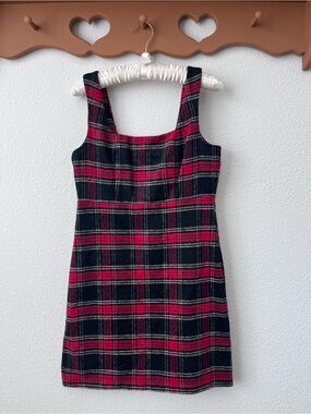 Copper Key Navy and Red Plaid Square-Neck Midi Dress
